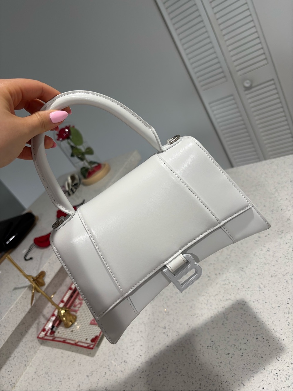 Balenciaga White Hourglass Top Handle Leather Bag Size Small with Strap